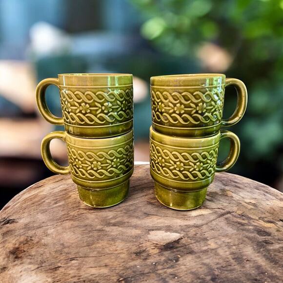 Vintage Japan Stacking Mugs w Chrome Holder-Avocado Green Retro-Midcentury-MCM - Picture 5 of 12